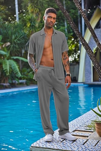 COOFANDY Mens Sets 2 Piece Outfits Fashion Button Up Loose Shirt Elastic Waist Pants Suit - Image 4