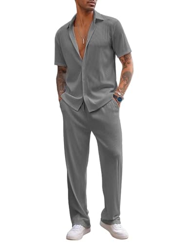 COOFANDY Mens Sets 2 Piece Outfits Fashion Button Up Loose Shirt Elastic Waist Pants Suit - Image 1