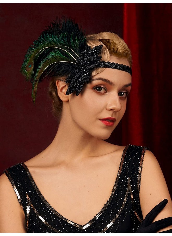 SWEETV 1920S Flapper Feather Headband, 20S Sequined Showgirl Headpiece, Gatsby Hair Accessories For Women (0.1 Black)  - Image 2