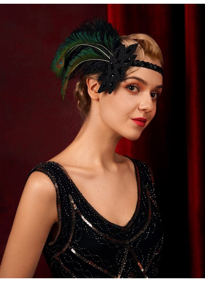 SWEETV 1920S Flapper Feather Headband, 20S Sequined Showgirl Headpiece, Gatsby Hair Accessories For Women (0.1 Black)  - Image 3