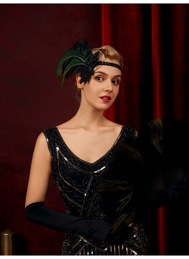 SWEETV 1920S Flapper Feather Headband, 20S Sequined Showgirl Headpiece, Gatsby Hair Accessories For Women (0.1 Black)  - Image 4