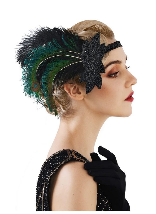 SWEETV 1920S Flapper Feather Headband, 20S Sequined Showgirl Headpiece, Gatsby Hair Accessories For Women (0.1 Black)  - Image 1