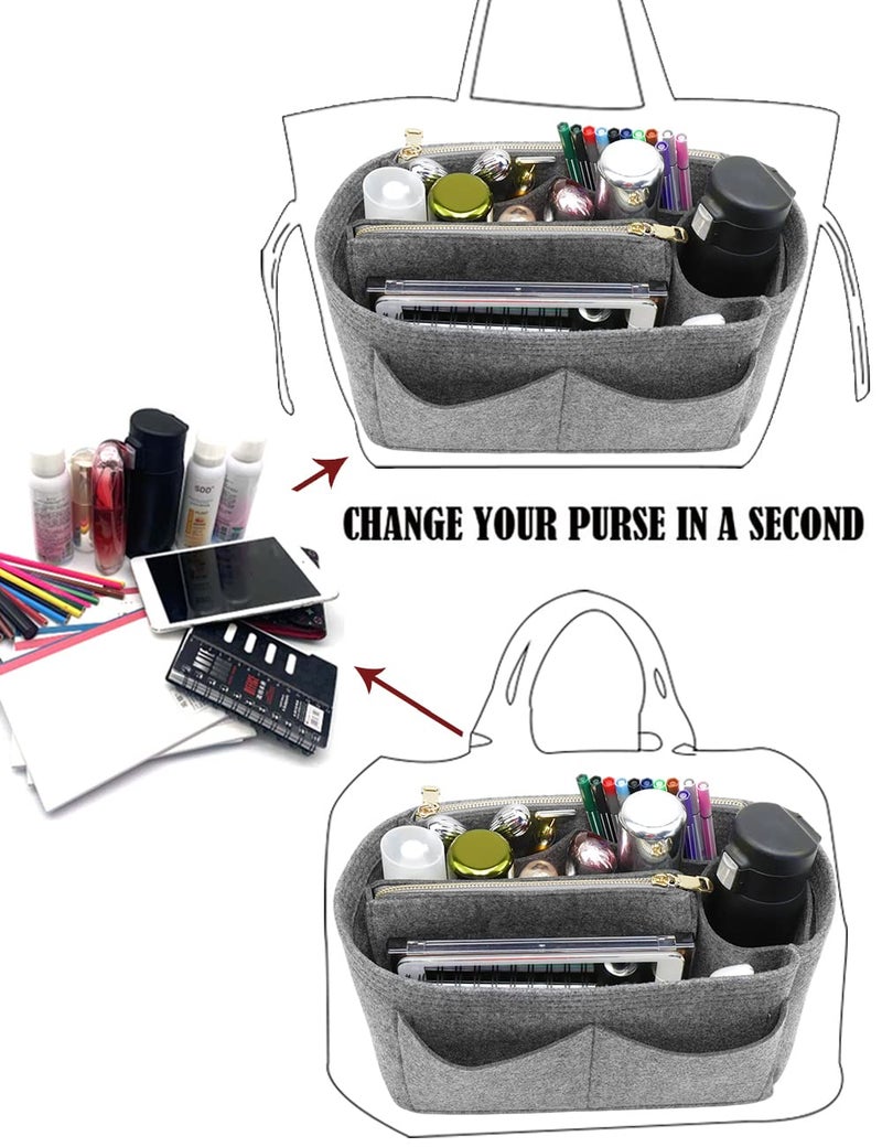 LEXSION Felt Purse Bag Organizer Insert with zipper Bag Tote Shaper Fit Speedy Neverful PM MM, B-grey, L, B-grey, L - Image 4