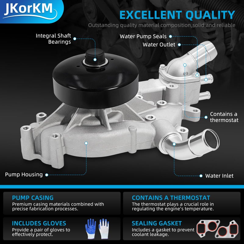 JkorkM مضخة مياه Jkorkm AW5104 مع ترموستات لـ 4.8 5.3 6.0 1999-2006 شيفروليه سيلفرادو تاهو سوبربان GMC سييرا يوكون كاديلاك بويك هامر إيسوزو ساب استبدال# AW5087 252-845 12456113 12458935 - Image 4