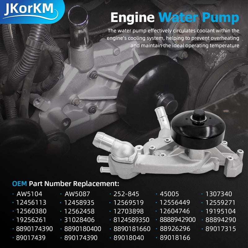 JkorkM مضخة مياه Jkorkm AW5104 مع ترموستات لـ 4.8 5.3 6.0 1999-2006 شيفروليه سيلفرادو تاهو سوبربان GMC سييرا يوكون كاديلاك بويك هامر إيسوزو ساب استبدال# AW5087 252-845 12456113 12458935 - Image 3