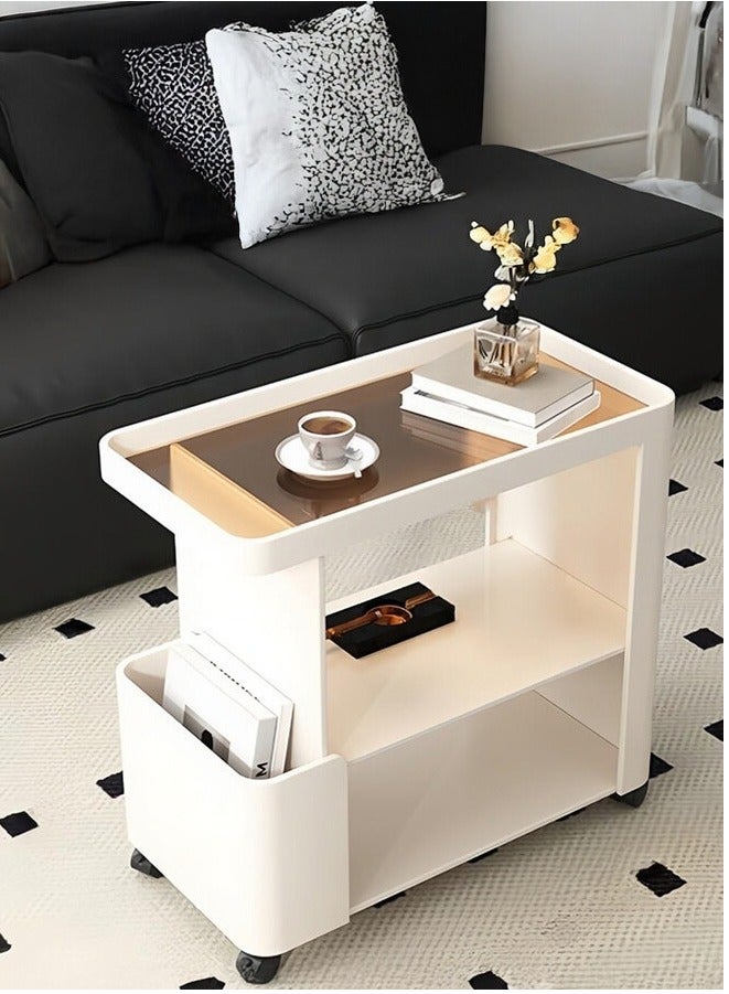 XiuWoo Mobile End Table on Lockable Wheels,Nightstand Narrow Coffee Table with 5mm Thick Fluted Tempered Glass,Snack Cart Storage Rack Creative Sofa Side Table, Bedside Utility Cart,Iron Side Cabinet for Living Room,White - Image 1