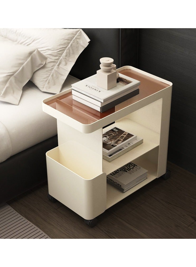 XiuWoo Mobile End Table on Lockable Wheels,Nightstand Narrow Coffee Table with 5mm Thick Fluted Tempered Glass,Snack Cart Storage Rack Creative Sofa Side Table, Bedside Utility Cart,Iron Side Cabinet for Living Room,White - Image 2