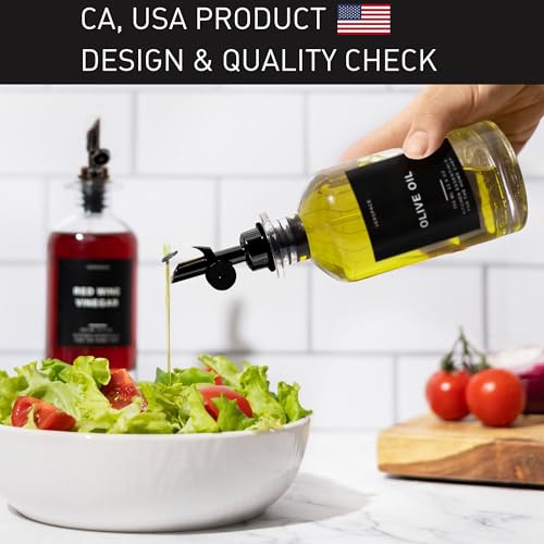 Verspace - Clear Glass Olive Oil Dispenser Bottles For Kitchen With Silicone Tray & 40 Labels, Soy Sauce Dispenser, Coffee Syrup Dispenser, Olive Oil Bottles Set Of 2, Black - Image 3