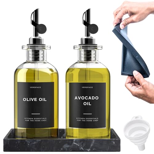 Verspace - Clear Glass Olive Oil Dispenser Bottles For Kitchen With Silicone Tray & 40 Labels, Soy Sauce Dispenser, Coffee Syrup Dispenser, Olive Oil Bottles Set Of 2, Black - Image 1