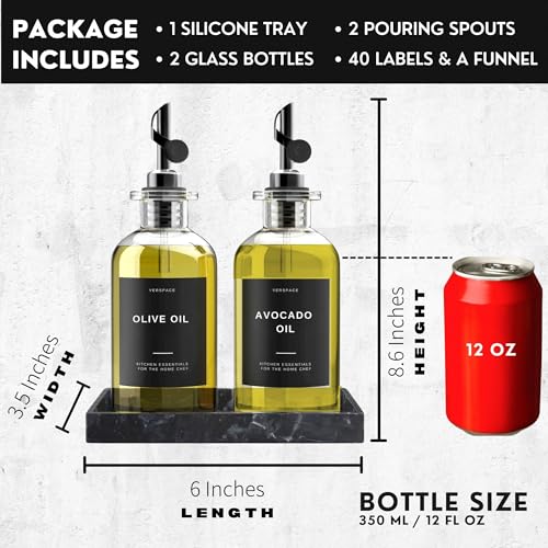 Verspace - Clear Glass Olive Oil Dispenser Bottles For Kitchen With Silicone Tray & 40 Labels, Soy Sauce Dispenser, Coffee Syrup Dispenser, Olive Oil Bottles Set Of 2, Black - Image 5