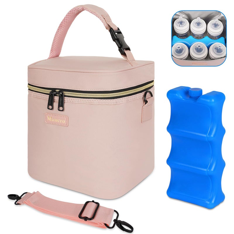 Mancro Breastmilk Cooler Bag Fits 6 Bottles Up to 9 Ounce Insulated Baby Bottle Bag Comes with ice Pack and Shoulder Strap Baby Bottle Cooler Bags for Daycare Nursing Pink