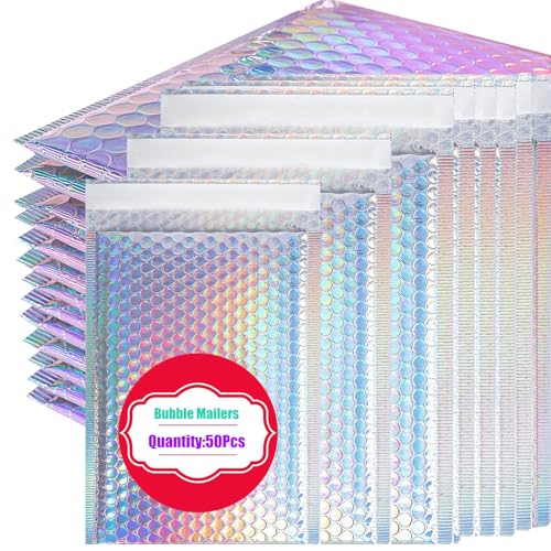 xlehoely 50 PCS Metallic Bubble Mailers,Poly Padded Envelopes,Holographic Bubble Mailers,Waterproof Shipping Bags,Self Seal Foil Glitter Glamour Cushion Envelopes for Mailing,Packing,Small Business - Image 1