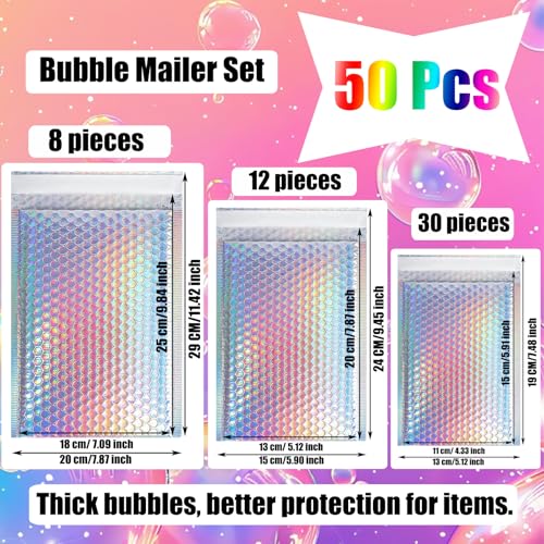xlehoely 50 PCS Metallic Bubble Mailers,Poly Padded Envelopes,Holographic Bubble Mailers,Waterproof Shipping Bags,Self Seal Foil Glitter Glamour Cushion Envelopes for Mailing,Packing,Small Business - Image 2