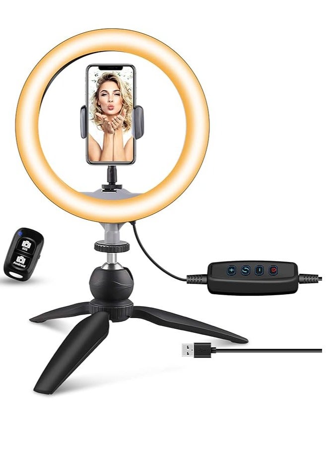 حلقة إضاءة LED مقاس 10 بوصات مع حامل ثلاثي القوائم وحامل للهاتف، حلقة إضاءة للمكياج، 3 أوضاع إضاءة و11 مستوى سطوع - أسود - Image 1