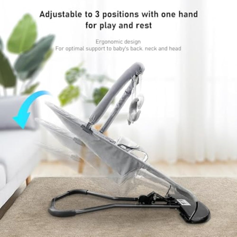 Baby Rocker Bouncer with Removable -Toy Bar, 3-Stage Baby Rocking Chair Swing Chair Recliner Seat, Max Weight 9kg, Ultra Light Weight, 3-point safety belt, One Fold Button, Anti Skid Light Grey - Image 4
