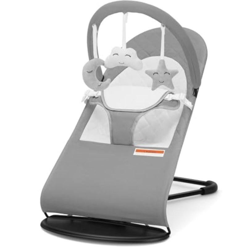 Baby Rocker Bouncer with Removable -Toy Bar, 3-Stage Baby Rocking Chair Swing Chair Recliner Seat, Max Weight 9kg, Ultra Light Weight, 3-point safety belt, One Fold Button, Anti Skid Light Grey - Image 1