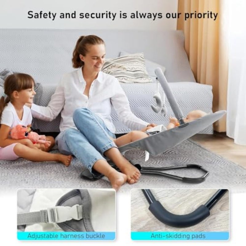 Baby Rocker Bouncer with Removable -Toy Bar, 3-Stage Baby Rocking Chair Swing Chair Recliner Seat, Max Weight 9kg, Ultra Light Weight, 3-point safety belt, One Fold Button, Anti Skid Light Grey - Image 2
