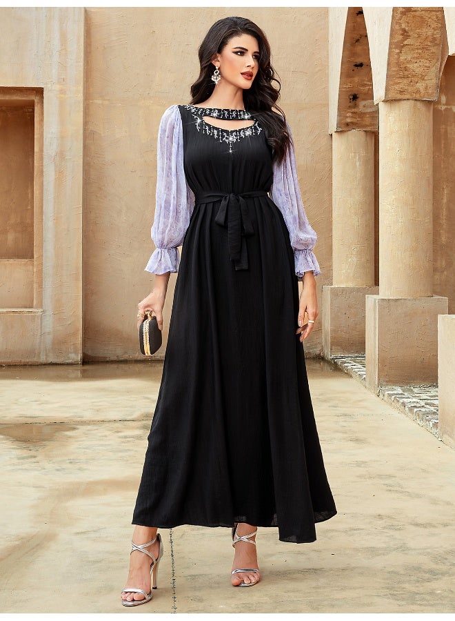 Madam Uniq Luxury Spliced Chiffon Lantern Sleeve A-Line Dress with Glass Diamond Accents for Women  - Image 1