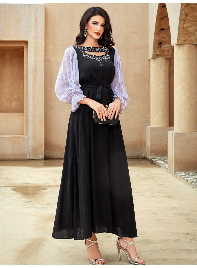 Madam Uniq Luxury Spliced Chiffon Lantern Sleeve A-Line Dress with Glass Diamond Accents for Women  - Image 4