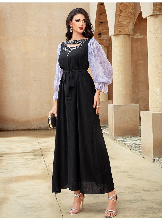 Madam Uniq Luxury Spliced Chiffon Lantern Sleeve A-Line Dress with Glass Diamond Accents for Women  - Image 2