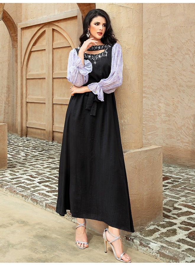 Madam Uniq Luxury Spliced Chiffon Lantern Sleeve A-Line Dress with Glass Diamond Accents for Women  - Image 5