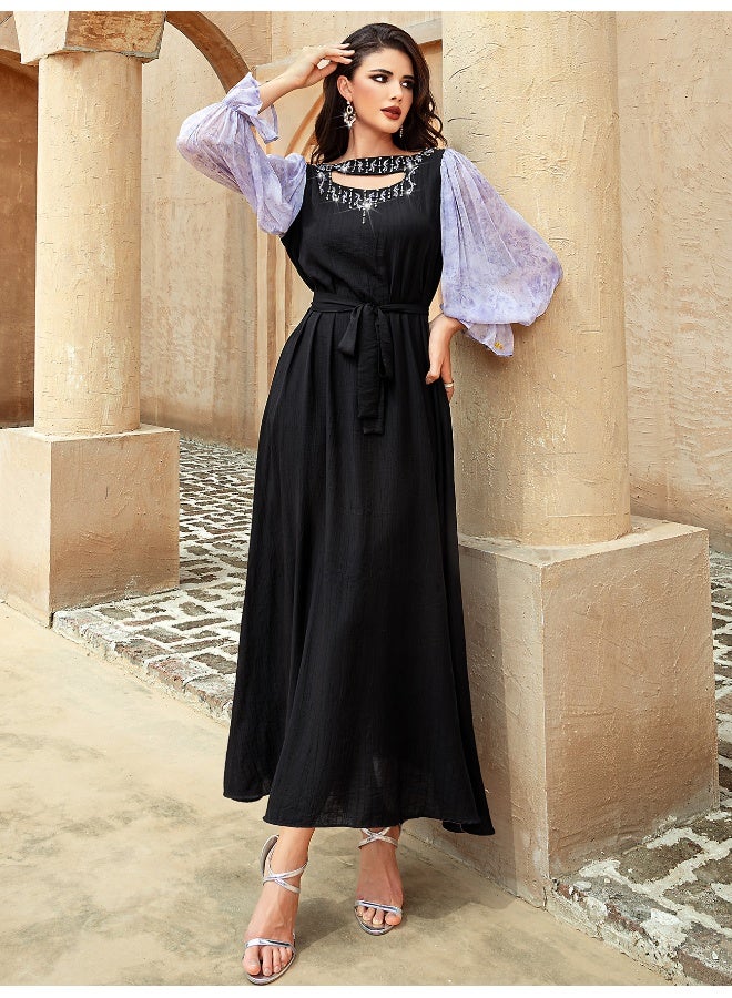 Madam Uniq Luxury Spliced Chiffon Lantern Sleeve A-Line Dress with Glass Diamond Accents for Women  - Image 3
