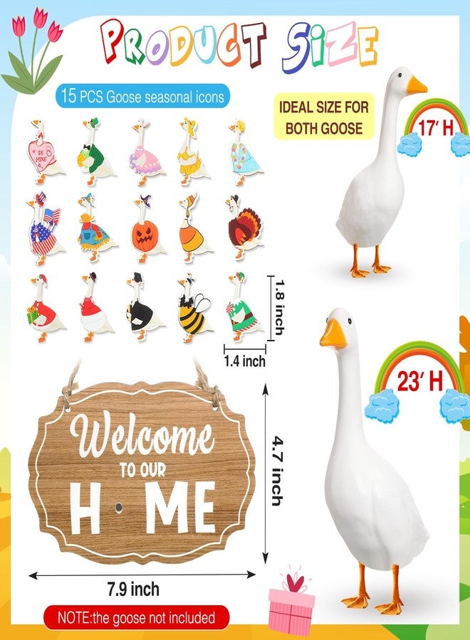 Memorywuu 16 Pcs Interchangeable Porch Goose Welcome Sign Seasonal Holiday Goose Sign with Wooden Holiday Geese Magnetic for 23"Cement Plastic Porch Geese Outdoor Statue Patio(Brown,Oval) - Image 2