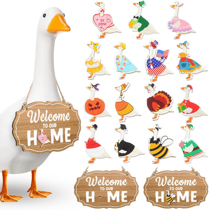 Memorywuu 16 Pcs Interchangeable Porch Goose Welcome Sign Seasonal Holiday Goose Sign with Wooden Holiday Geese Magnetic for 23"Cement Plastic Porch Geese Outdoor Statue Patio(Brown,Oval) - Image 1