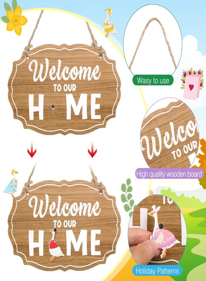 Memorywuu 16 Pcs Interchangeable Porch Goose Welcome Sign Seasonal Holiday Goose Sign with Wooden Holiday Geese Magnetic for 23"Cement Plastic Porch Geese Outdoor Statue Patio(Brown,Oval) - Image 3