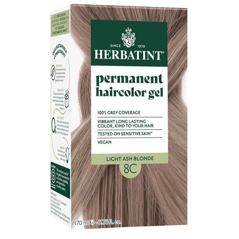 Herbatint صبغة شعر دائمة هيرباتينت للنساء - 8C أشقر رمادي فاتح - لتغطية تصل إلى 100% من الشعر الرمادي المقاوم - خالية من الأمونيا والكحول ونباتية - لون شعر مستوحى من الصالون 5.75 أونصة سائلة - Image 1