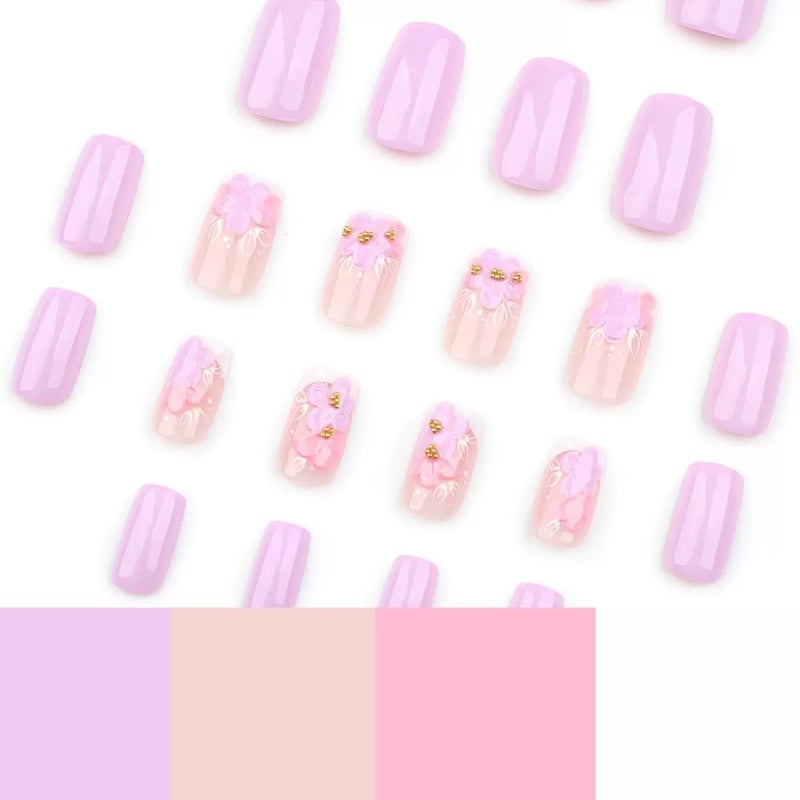 CTTHNBD Press on Nails - Medium Square Fake Nails with Floral Design - Purple Full Cover Stick on False Nails - for Women 24 Pcs - Image 3