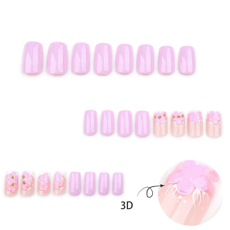 CTTHNBD Press on Nails - Medium Square Fake Nails with Floral Design - Purple Full Cover Stick on False Nails - for Women 24 Pcs - Image 4