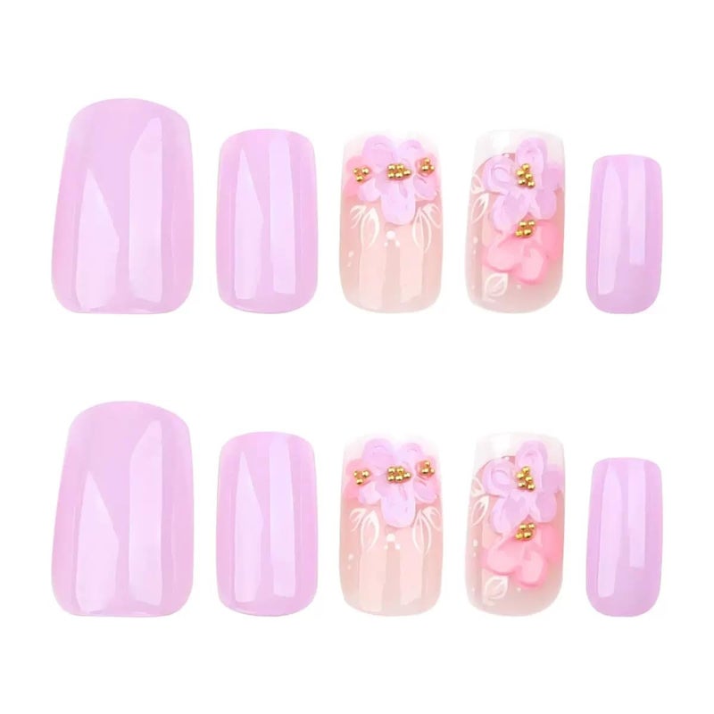 CTTHNBD Press on Nails - Medium Square Fake Nails with Floral Design - Purple Full Cover Stick on False Nails - for Women 24 Pcs - Image 5