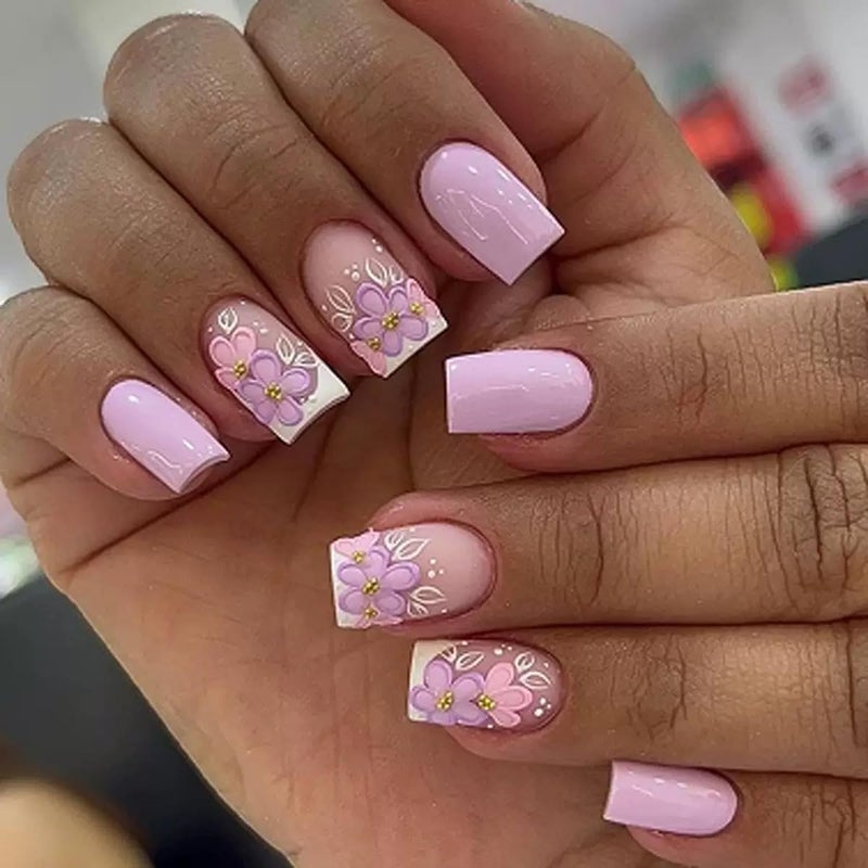 CTTHNBD Press on Nails - Medium Square Fake Nails with Floral Design - Purple Full Cover Stick on False Nails - for Women 24 Pcs - Image 1