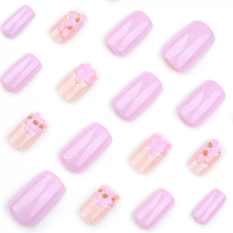 CTTHNBD Press on Nails - Medium Square Fake Nails with Floral Design - Purple Full Cover Stick on False Nails - for Women 24 Pcs - Image 2