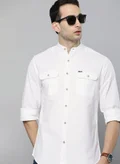 The Indian Garage Co Men Slim Fit Solid Full Sleeves Mandarin Collar Double Flap Pocket Casual Shirt