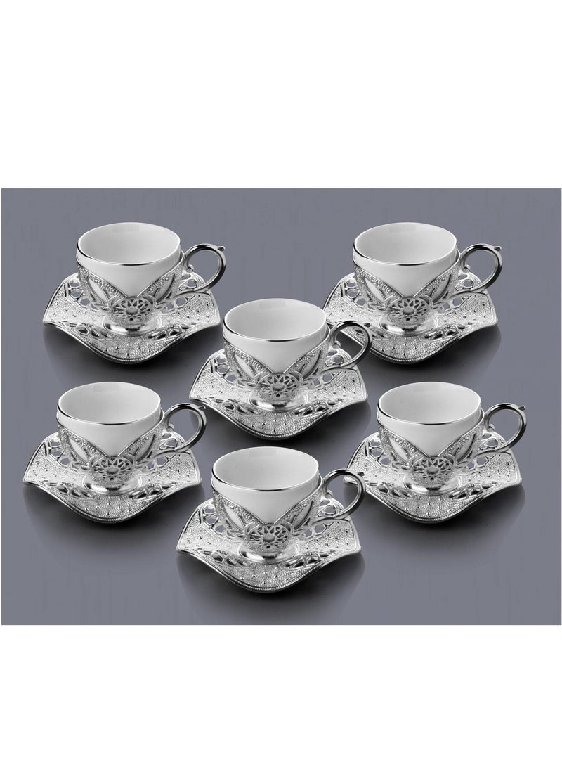 Busem Elegant Turkish Coffee Set of 6 White Porcelain Cups with Holders and Twisted Silver Copper Saucers – Made in Türkiye - Image 1