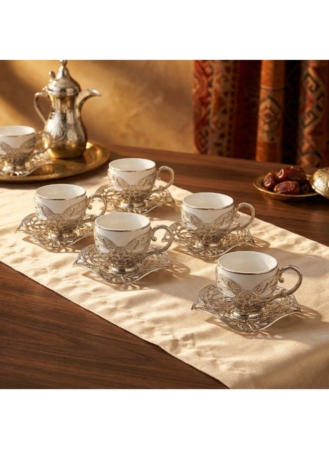 Busem Saudi tea and coffee set of 6 White Porcelain Cups with Holders and Twisted Silver Copper Saucers – Made in Türkiye - Image 1