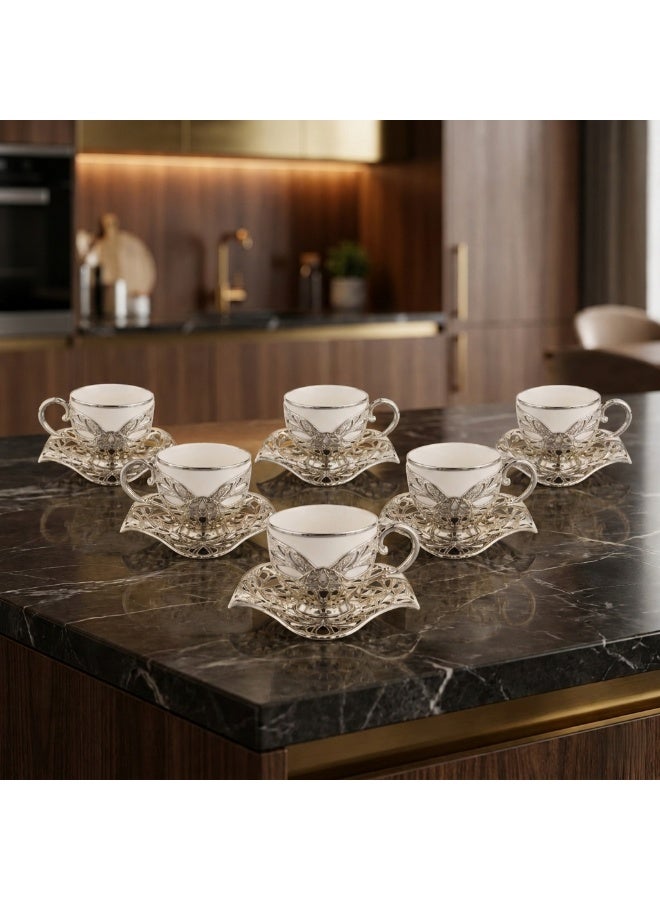 Busem Saudi tea and coffee set of 6 White Porcelain Cups with Holders and Twisted Silver Copper Saucers – Made in Türkiye - Image 4
