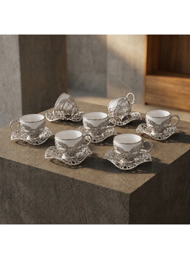 Busem Saudi tea and coffee set of 6 White Porcelain Cups with Holders and Twisted Silver Copper Saucers – Made in Türkiye - Image 3