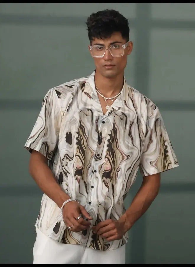 PRASHA Mens Multicolor Base Cream Marble Print Cotton Shirt