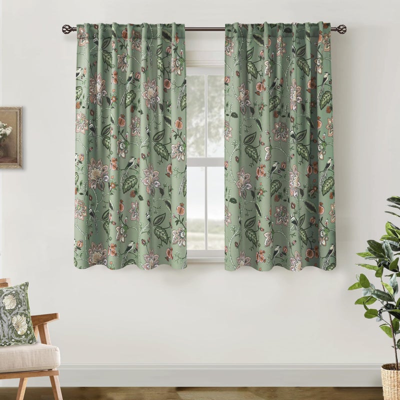 Lino Rosa Short Floral Patterned Blackout Curtains for Bedroom, Decorative Black Out Window Treatments for Bathroom & Kitchen & Small Window, 54 Inch Long, 2 Panels Set, Sage Green - Image 2