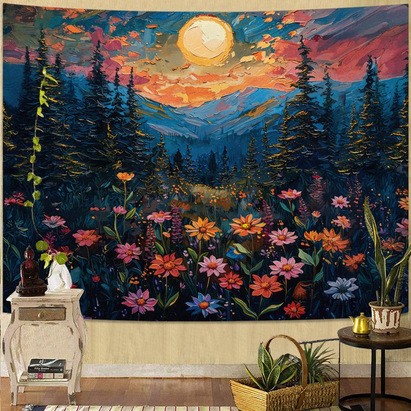 kampdream Landscape Tapestry, Scenery Art Wall Tapestries, Nature Wall Decor for Bedroom Living Room Backdrop Sunset Wildflowers 36Ã—48 inches - Image 1