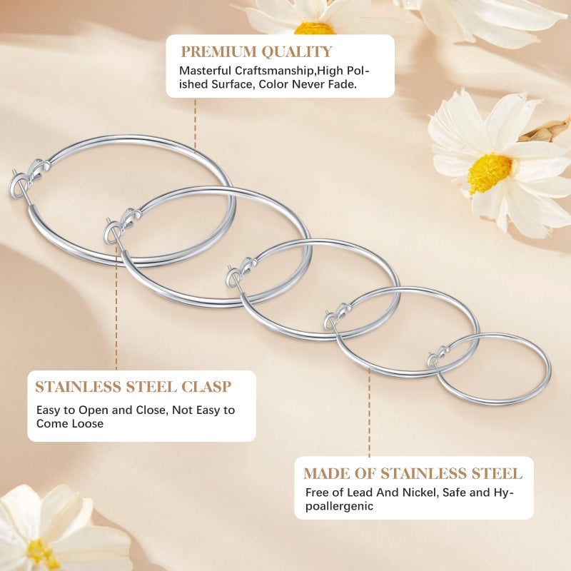 Tedux 5 Pairs Stainless Steel Hoop Earrings, Big Thin Hypoallergenic Earrings for Women, Stylish Simple Hoop Earrings 30/40/50/60/70mm - Image 3