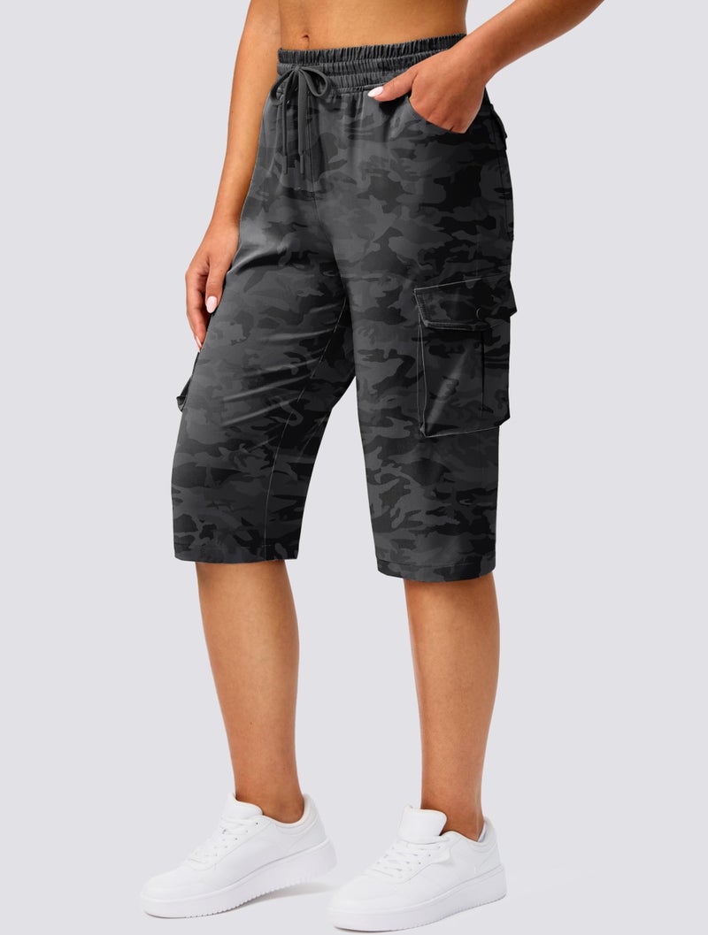 Viodia 15" Long Shorts for Women Hiking Cargo Bermuda Shorts Lightweight Quick Dry Knee Length Capris for Summer Travel Fishing Black Camo - Image 2