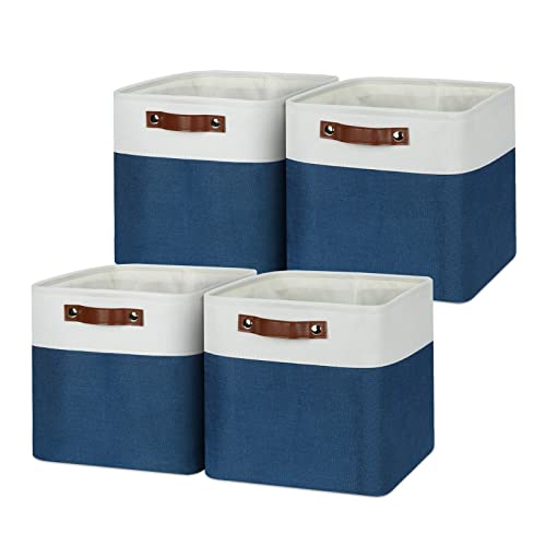 Temary Fabric Storage Cubes 11x11 Cube Storage Bins 4Pack Blue Storage Baskets for Organizing Home, Closet, Empty Gift Baskets with Handles (White&Blue) - Image 1