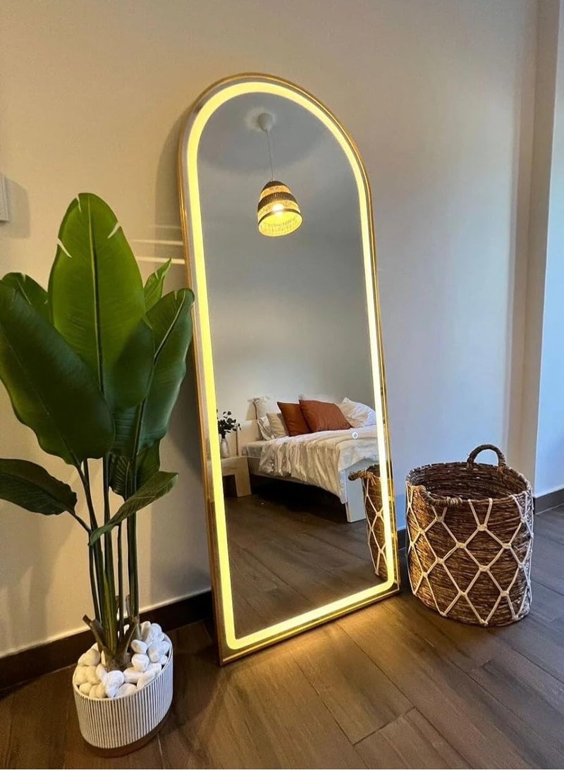 فيبارتي مرآة مقوسة بطول كامل 160x70 سم مع أضواء LED - مرآة لكامل الجسم مع حامل، مثبتة على الحائط، إضاءة خافتة و3 ألوان، إطار ذهبي أنيق لغرفة النوم، وغرفة المعيشة، والممر، وديكور المنزل الحديث، ومرآة مضيئة مقاس 63 بوصة × 27.6 بوصة، سطوع قابل للتعديل، مرآة زينة LED، مرآة تزيين كبيرة، مرآة أرضية معاصرة، مرآة أنيقة للإضاءة - Image 2