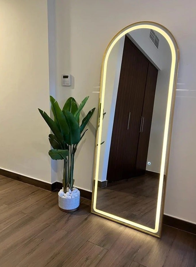 فيبارتي مرآة مقوسة بطول كامل 160x70 سم مع أضواء LED - مرآة لكامل الجسم مع حامل، مثبتة على الحائط، إضاءة خافتة و3 ألوان، إطار ذهبي أنيق لغرفة النوم، وغرفة المعيشة، والممر، وديكور المنزل الحديث، ومرآة مضيئة مقاس 63 بوصة × 27.6 بوصة، سطوع قابل للتعديل، مرآة زينة LED، مرآة تزيين كبيرة، مرآة أرضية معاصرة، مرآة أنيقة للإضاءة - Image 1
