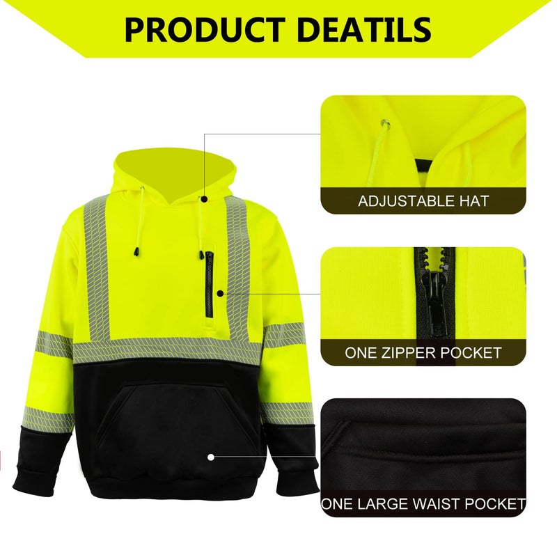FONIRRA Hi Vis Hoodie for Men Reflective ANSI Class 3 Safety Sweatshirts High Visibility Construction Work Winter Pullover Yellow - Image 3