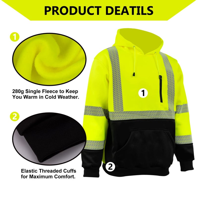 FONIRRA Hi Vis Hoodie for Men Reflective ANSI Class 3 Safety Sweatshirts High Visibility Construction Work Winter Pullover Yellow - Image 5